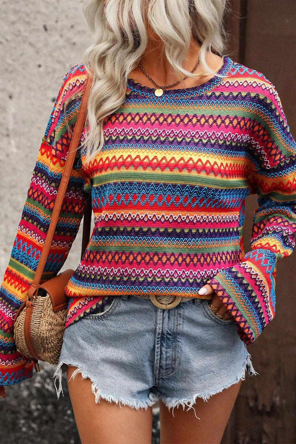 Round Neck Long Sleeve Multi- Color Top