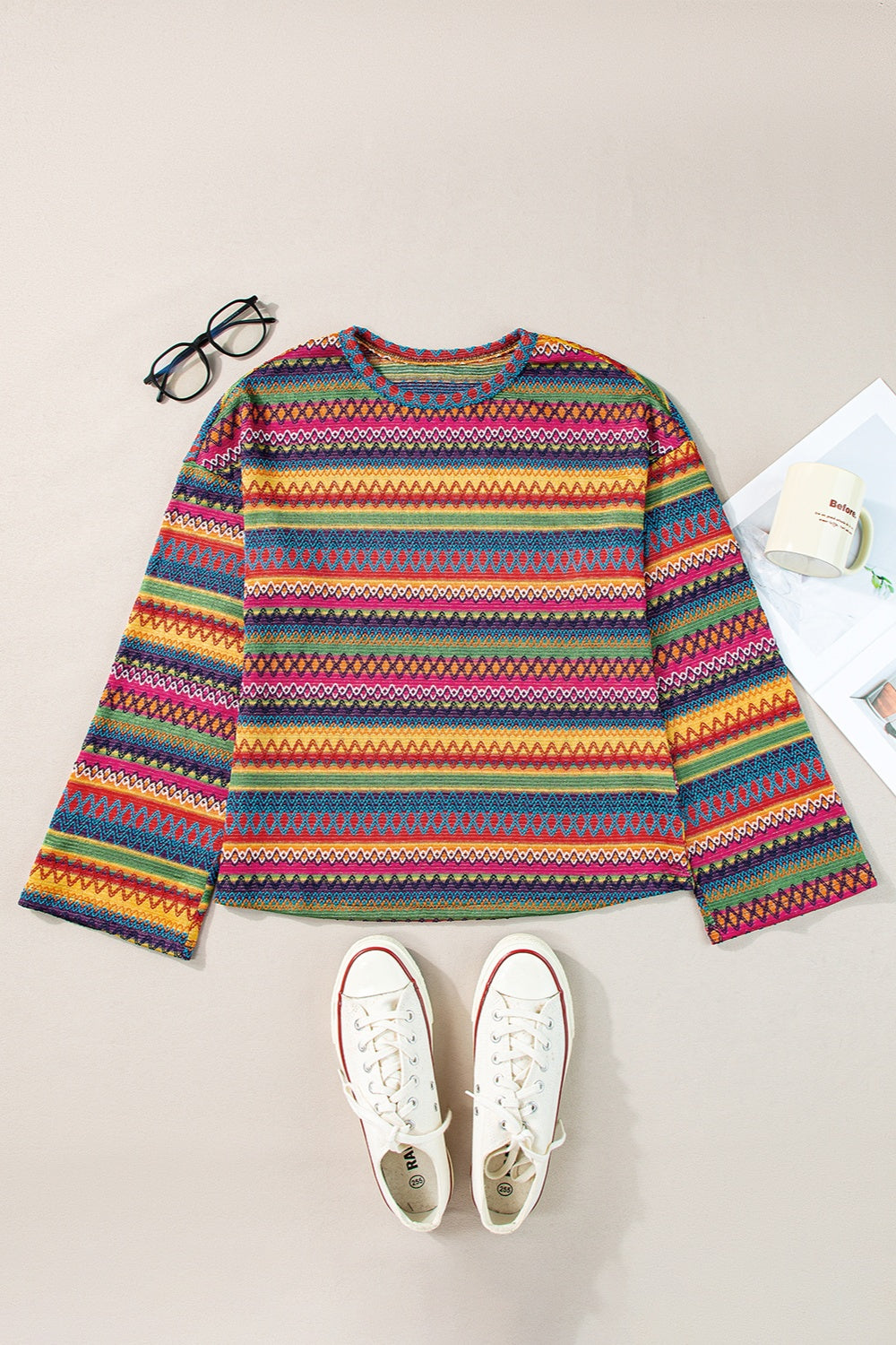 Round Neck Long Sleeve Multi- Color Top