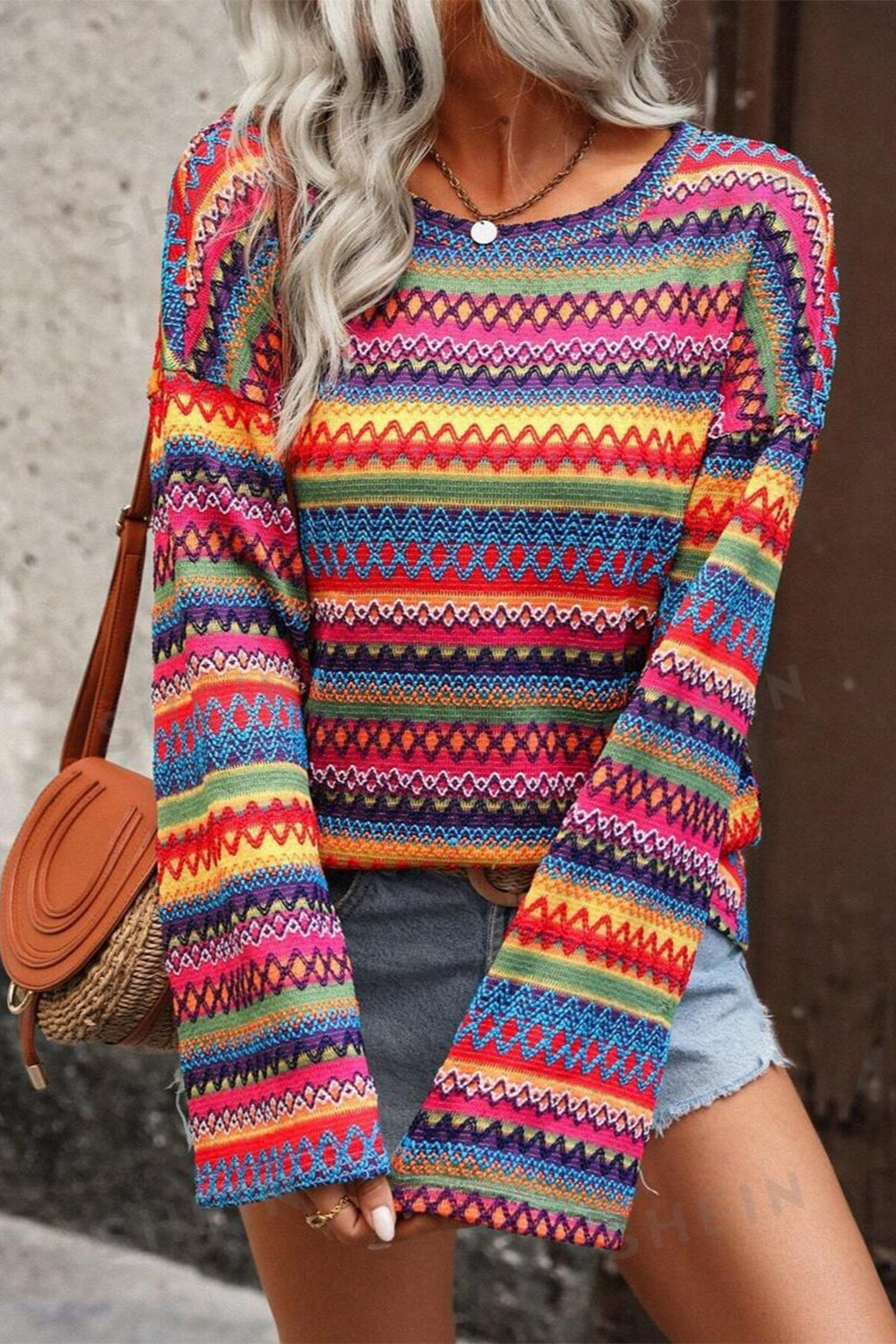 Round Neck Long Sleeve Multi- Color Top