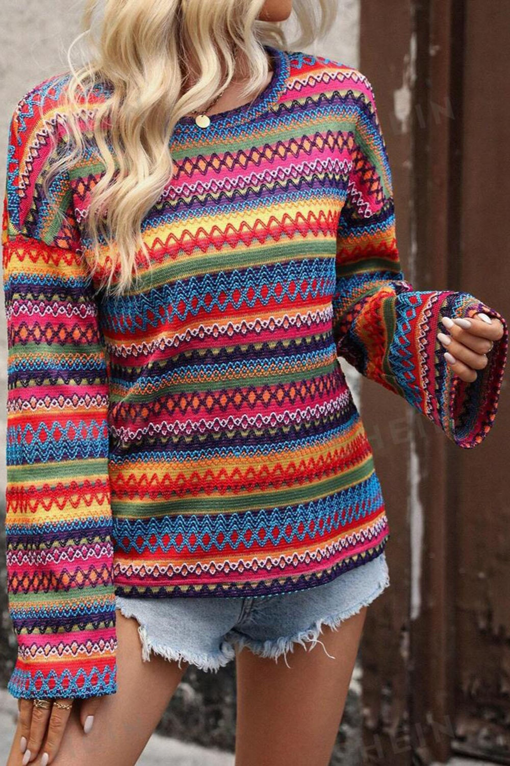 Round Neck Long Sleeve Multi- Color Top